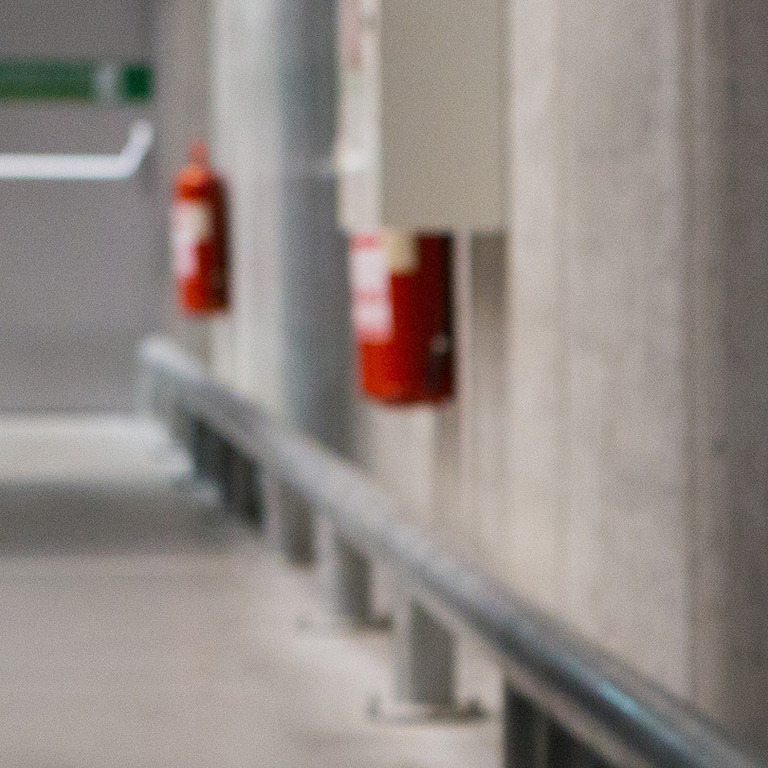 Warehouse space with fire extinguishers