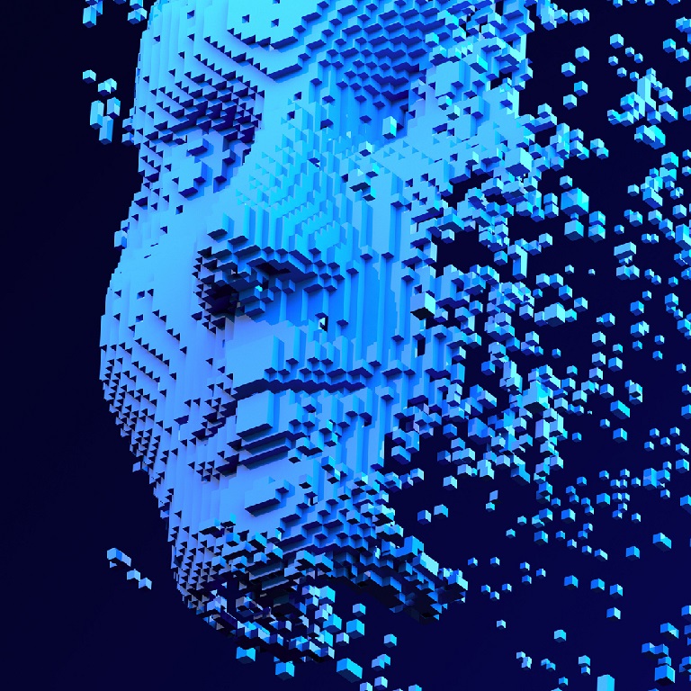 Blue pixelated graphic face with cubes falling away from it: risks of artificial intelligence